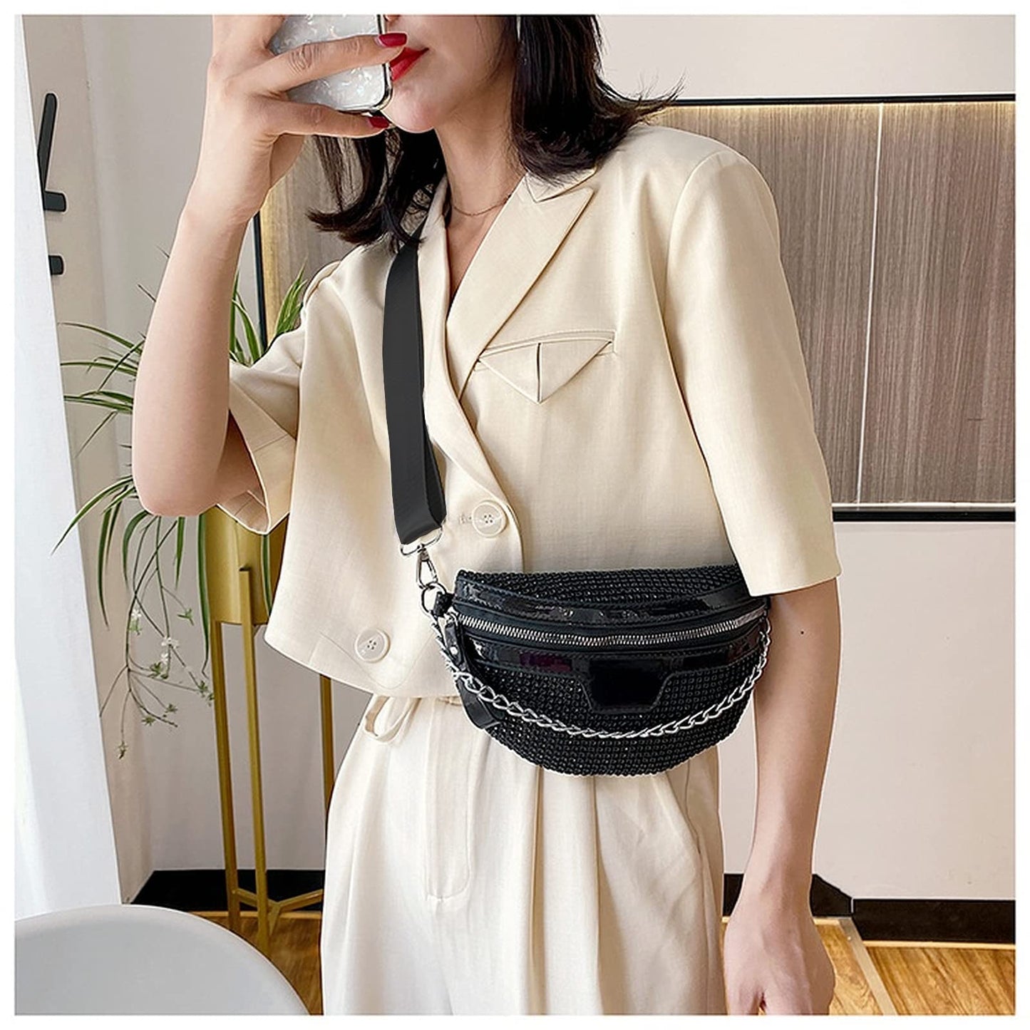 Thick Chain Women's Fanny Pack Plaid leather Waist Bag Shoulder Crossbody Chest Bags Luxury Designer Handbags Female Belt Bag