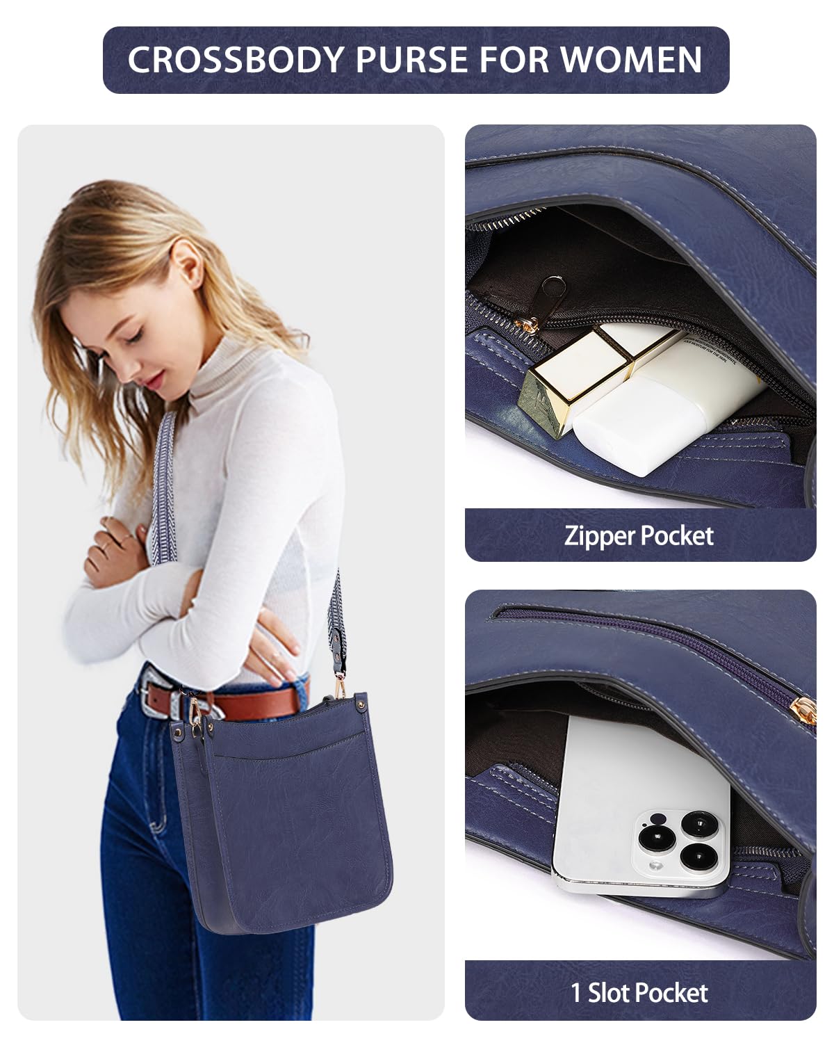 Purses for Women 3PCS, Crossbody Bags Set Large Leather Purse Shoulder Handbags with Wallet Adjustable Straps for Ladies Tote