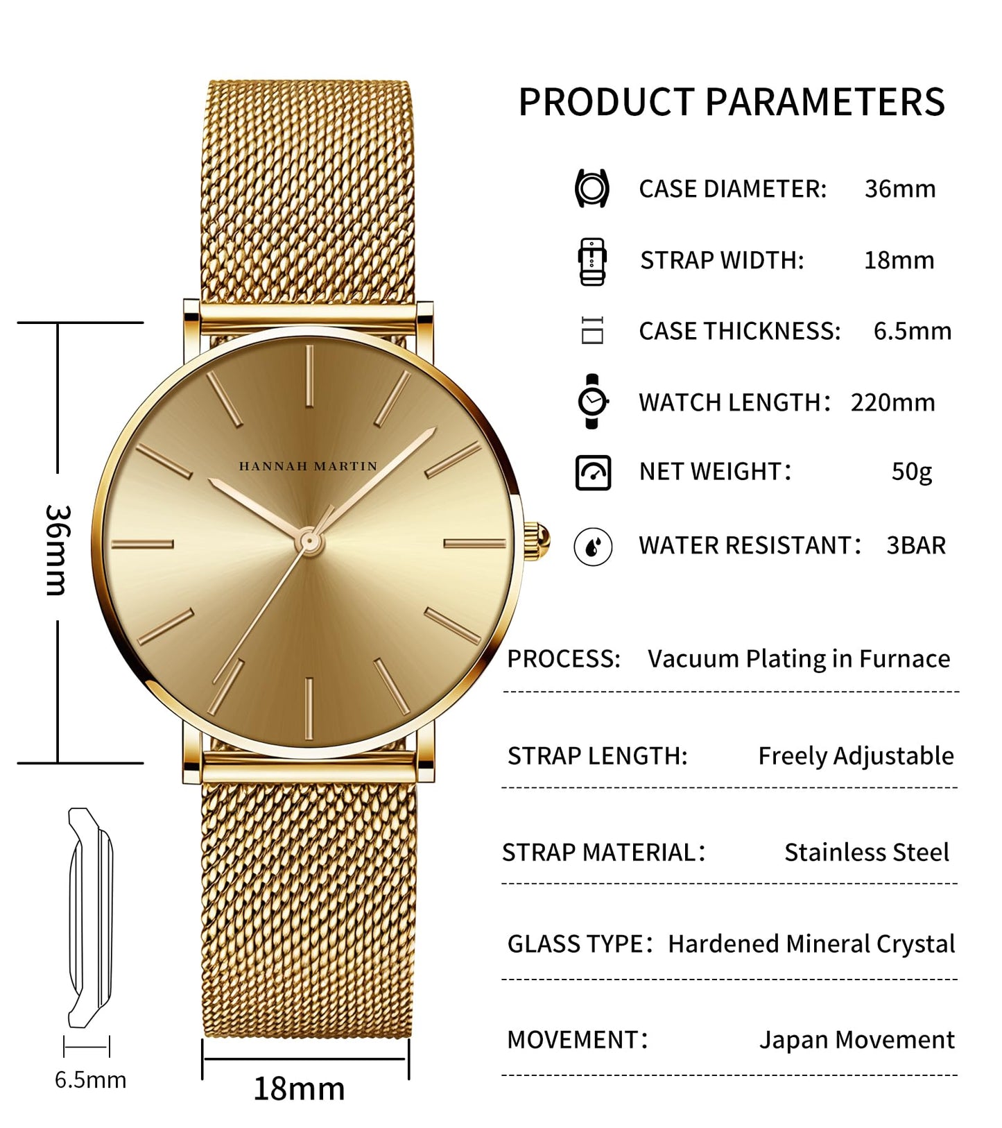 HANNAH MARTIN Watches for Women Analog Women's Watch with Stainless Steel Expansion Band Minimalist Slim Dial 30M Waterproof Ladies Dress Wristwatch for Casual Daily Business