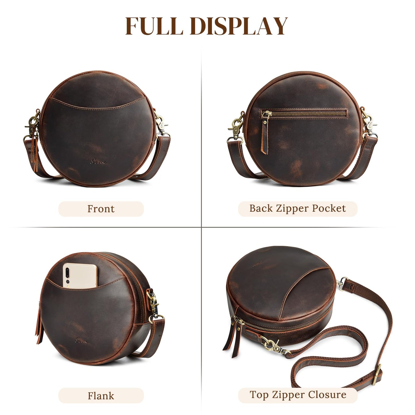 S-ZONE Leather Crossbody Bags for Women Circle Shoulder Round Purse Travel | Top Grain Leather, Keychain, Designer Handbag, Vintage, Multi Pockets, Detachable Strap, Eveyday Outing