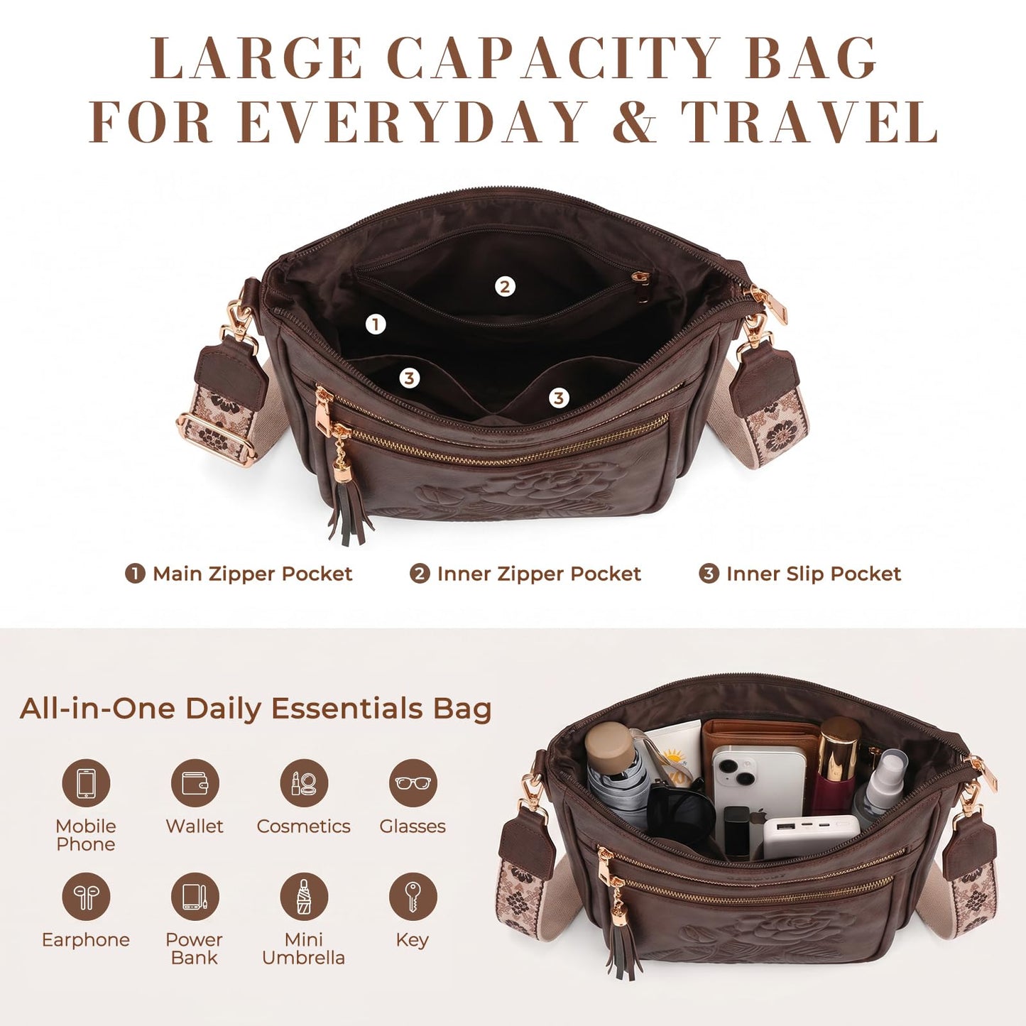 Crossbody Bags for Women, Vegan Leather Crossbody Purse, Multiple Pocket Daily Travel Shoulder Bag with Boho Strap
