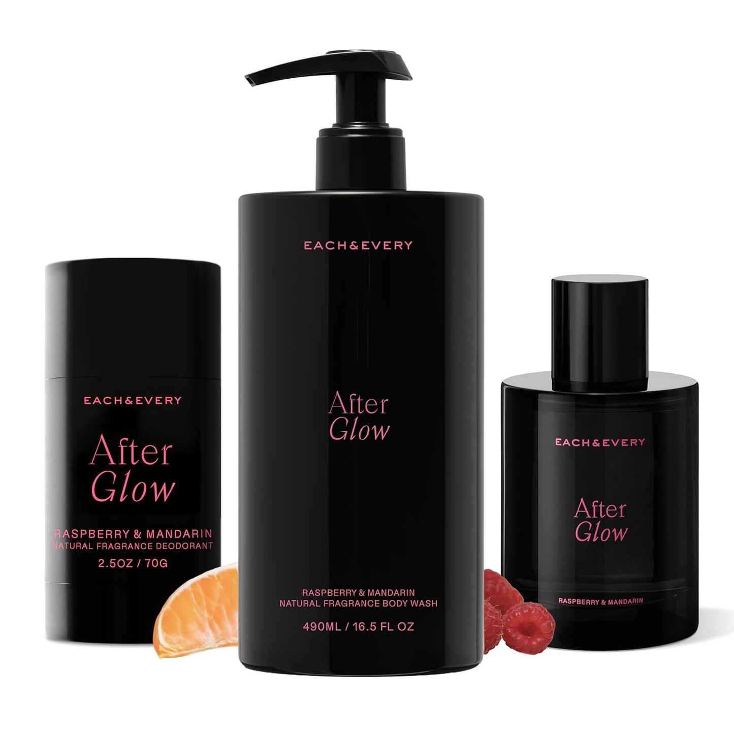 Each & Every After Glow Trio - Body Wash 16.5 Fl Oz, Natural Hair & Body Mist, Aluminum Free Deodorant 2.5 oz, Hydrating Cleanse, Odor Protection & Fresh Scent, Raspberry & Mandarin
