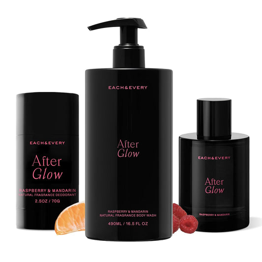Each & Every After Glow Trio - Body Wash 16.5 Fl Oz, Natural Hair & Body Mist, Aluminum Free Deodorant 2.5 oz, Hydrating Cleanse, Odor Protection & Fresh Scent, Raspberry & Mandarin