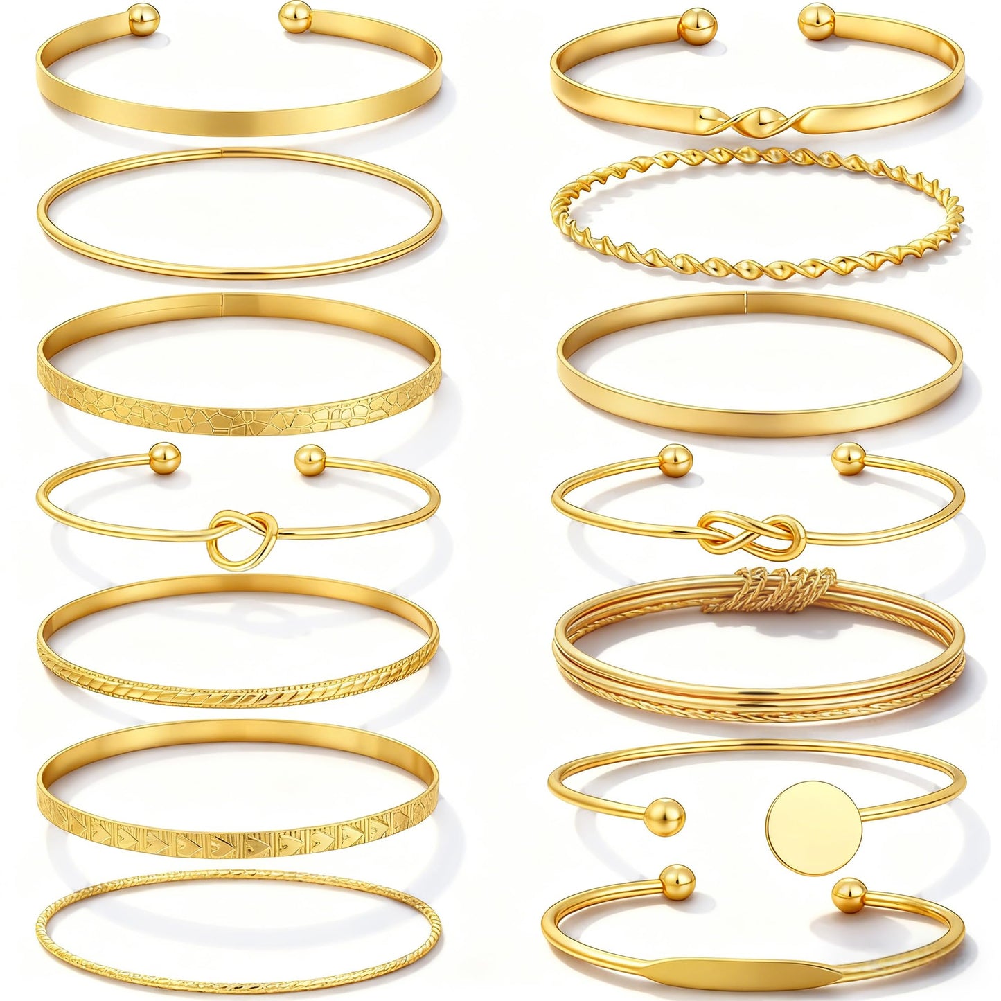 FAXHION Gold Bangle Bracelets for Women, 14 Pcs Multi Layer Stackable Bangle Set, 14K Gold Plated Textured Chunky Bracelets Boho Jewelrys Set
