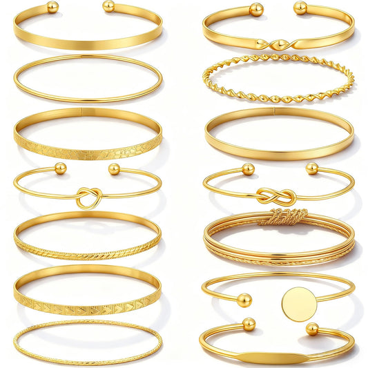 FAXHION Gold Bangle Bracelets for Women, 14 Pcs Multi Layer Stackable Bangle Set, 14K Gold Plated Textured Chunky Bracelets Boho Jewelrys Set