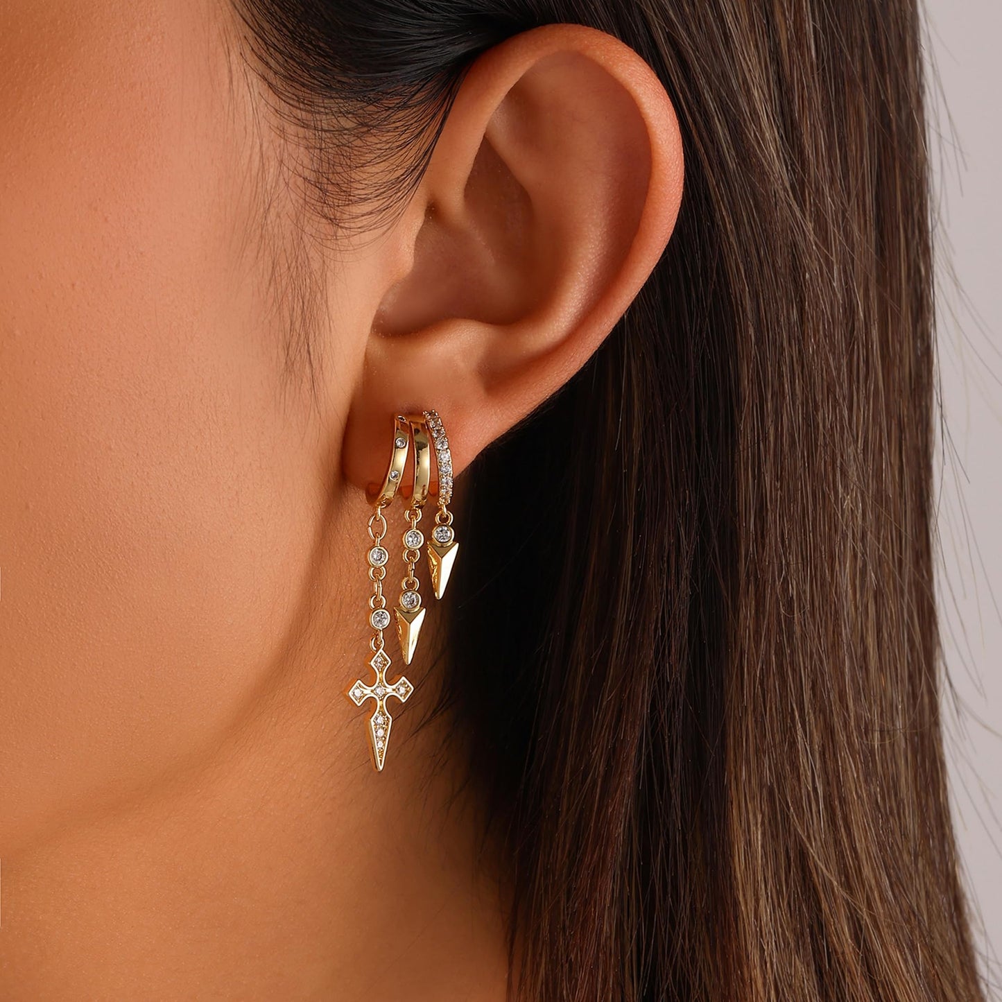 Gold Dangle Earrings for Women, 14k Gold Plated Stacked Triple Hoop Illusion Earrings Cubic Zirconia Huggie Earrings for Women Trendy