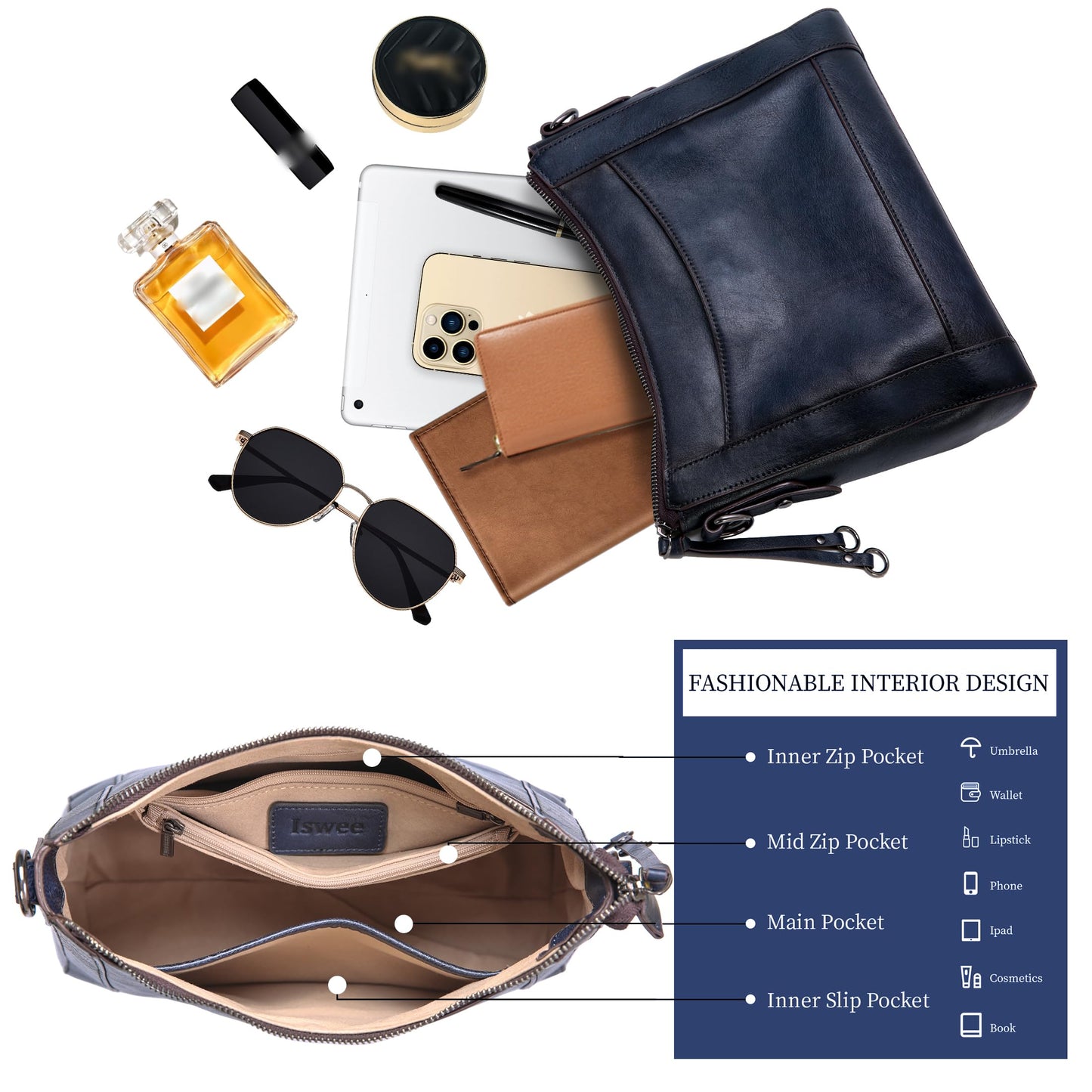 Iswee Leather Crossbody Bags for Women Shoulder Purse Medium Hobo Genuine Leather Satchel Purses and Handbags
