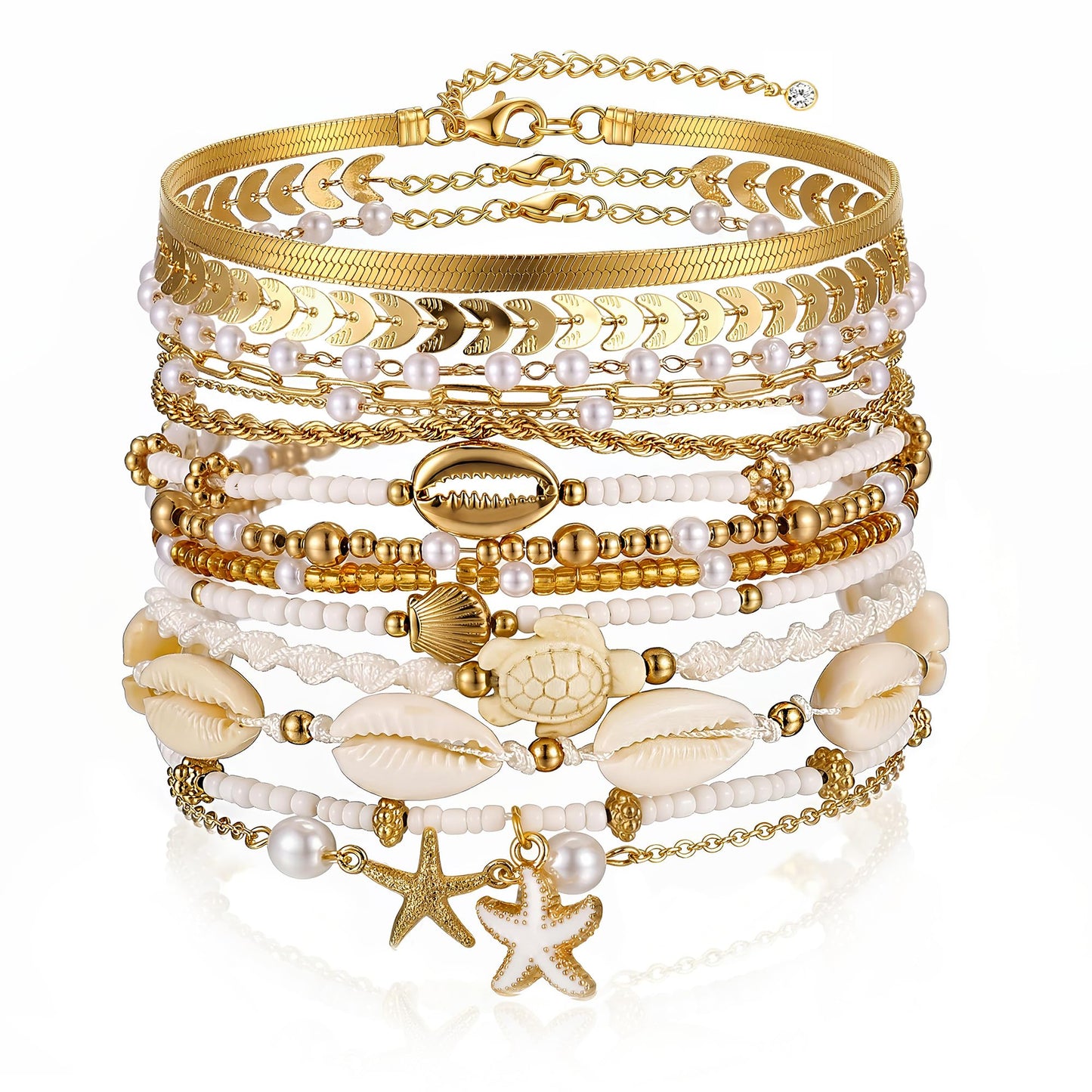 FAXHION Boho Gold Beaded Bracelets for Women, Starfish & Shell Pendant Bracelet Stack, Gold Bracelet Set Summer Beach Jewelry Gifts
