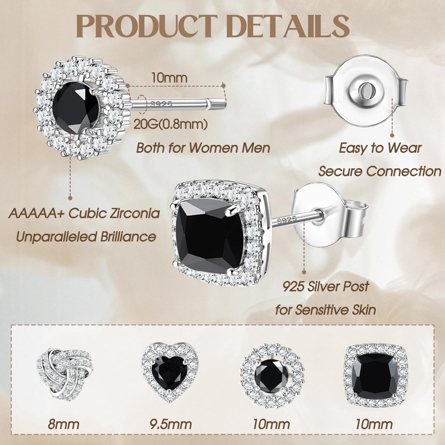 ZELORES 4 Pairs Sterling Silver 5A CZ Stud Earrings for Women 14K Gold Plated Brilliant Celtic Heart Big Stud Earrings Set Cubic Zirconia Earrings Studs for Sensitive Ear