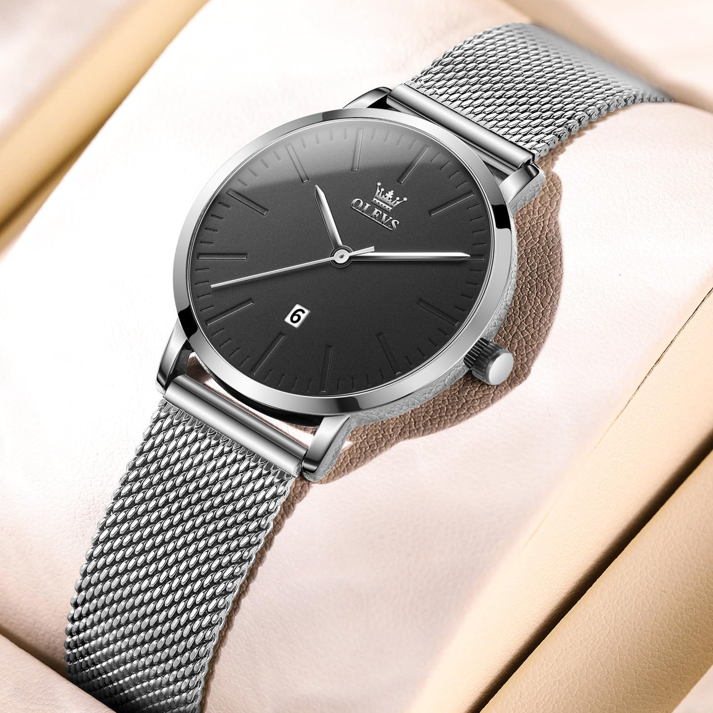 OLEVS Women's Mesh Bracelet Watch, Elegant Large Face Three Hand Analog Quartz Womens Wristwatch, Pretty Slim Date Display Waterproof Ladies Watches for Small Wrists