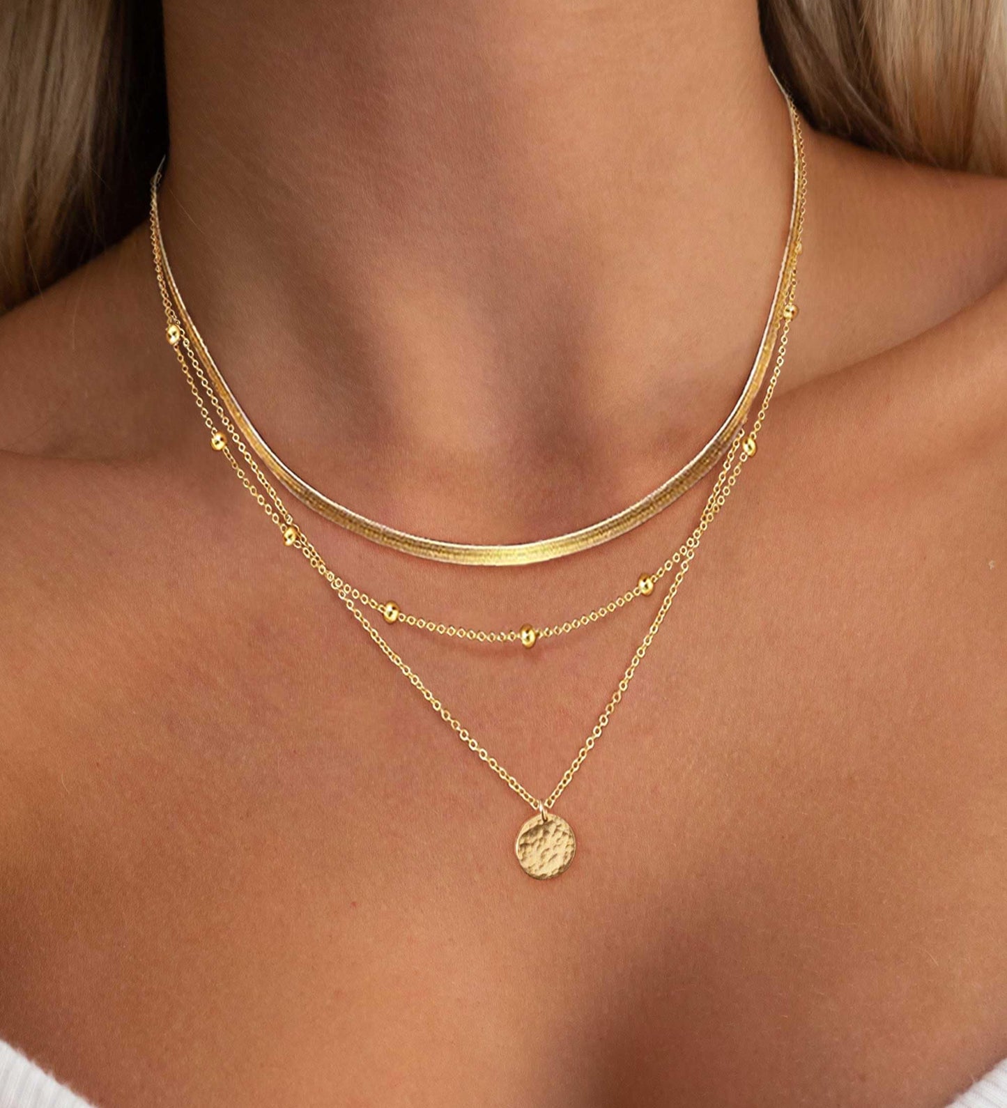 Layered Necklaces for Women, Dainty 14K Gold Plated Circle Peadant Chain Necklace Set Simple Paperclip Stacked Necklaces for Women Trendy Gold Jewelry