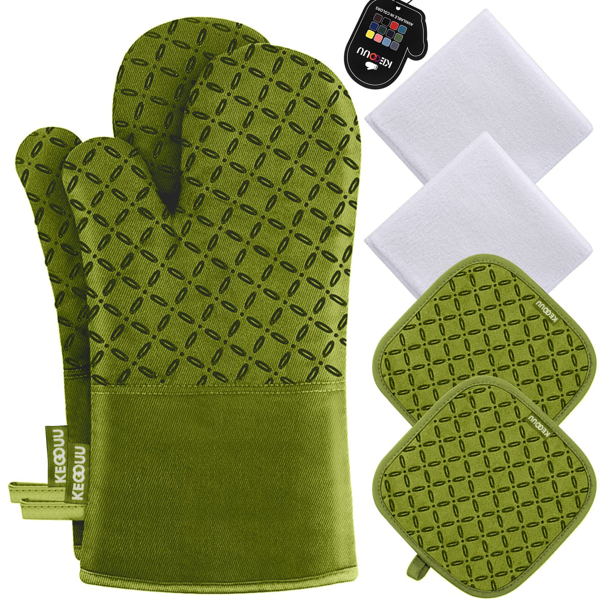 KEGOUU Oven Mitts and Pot Holders 6pcs Set, Kitchen Oven Glove High Heat Resistant 500 Degree Extra Long Oven Mitts and Potholder with Non-Slip Silicone Surface for Cooking (Gray)