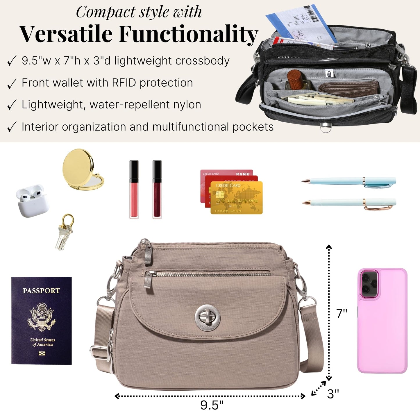 Baggallini Calais Crossbody Bags for Women 10x7 Lightweight Water-Resistant Travel Purse, RFID & Interior Organization