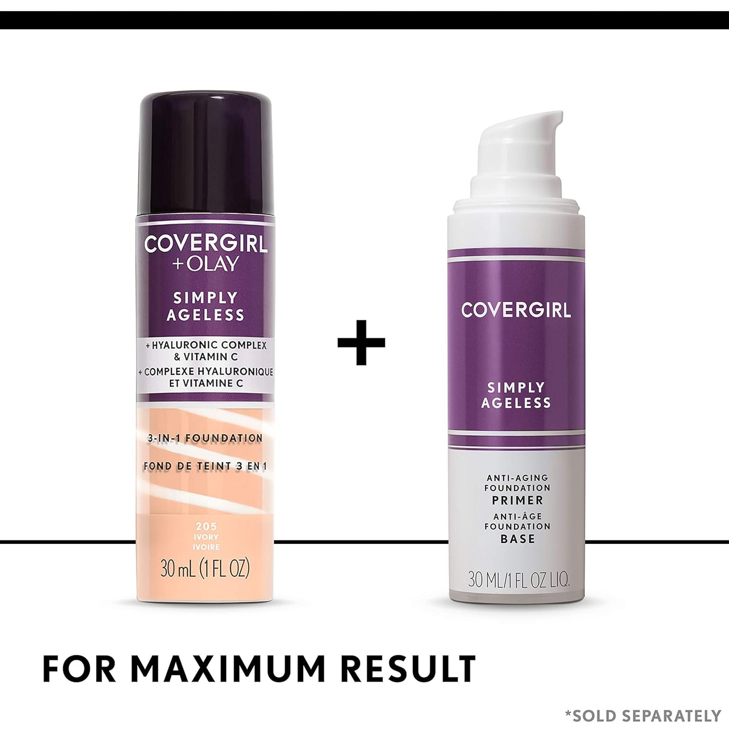 COVERGIRL & Olay Simply Ageless 3-in-1 Liquid Foundation, Matte Finish, Hyaluronic & Vitamin C Formula, 225 Buff Beige, 1 Count