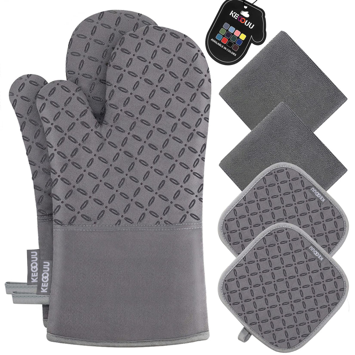 KEGOUU Oven Mitts and Pot Holders 6pcs Set, Kitchen Oven Glove High Heat Resistant 500 Degree Extra Long Oven Mitts and Potholder with Non-Slip Silicone Surface for Cooking (Gray)