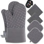 KEGOUU Oven Mitts and Pot Holders 6pcs Set, Kitchen Oven Glove High Heat Resistant 500 Degree Extra Long Oven Mitts and Potholder with Non-Slip Silicone Surface for Cooking (Gray)