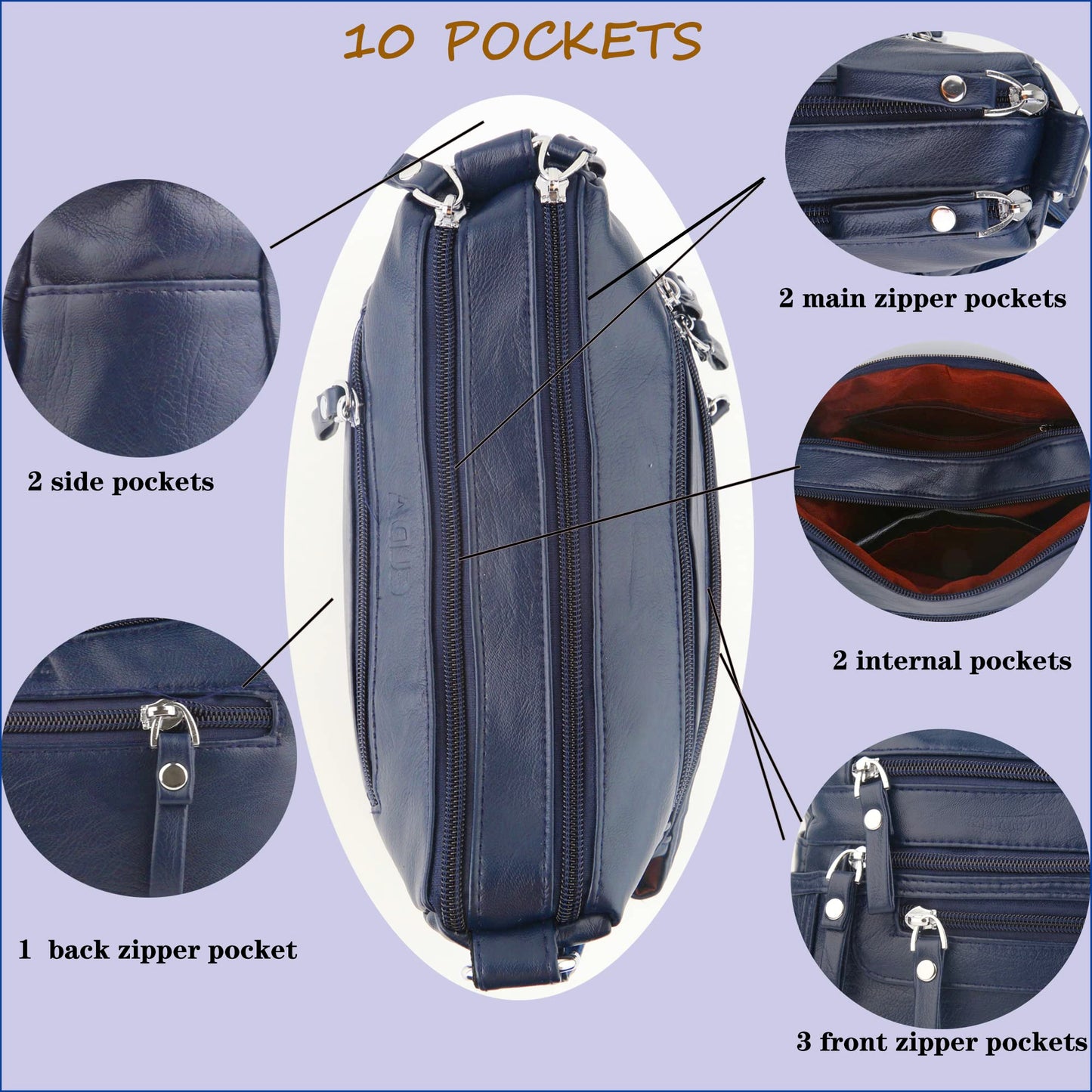 ELDA 10 Pockets Crossbody Purses for Women Medium Pocketbooks Lightweight Ladies Satchel Bag Multi Pocket Shoulder Handbag