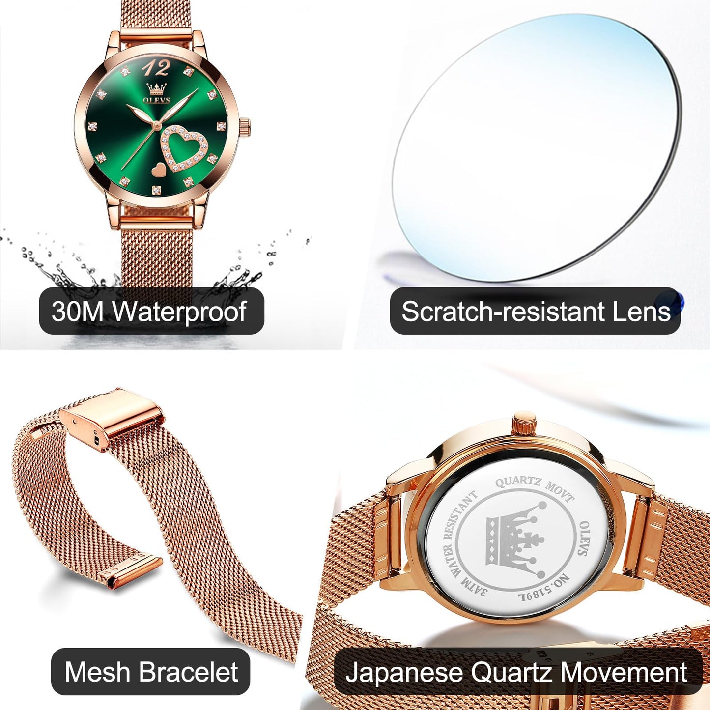 OLEVS Women's Small Wrist Rose Gold Tone Watch - Cute Diamond Heart Arabic Numerals Dial, Fashion Waterproof Mesh Bracelet Analog Dress for Ladies