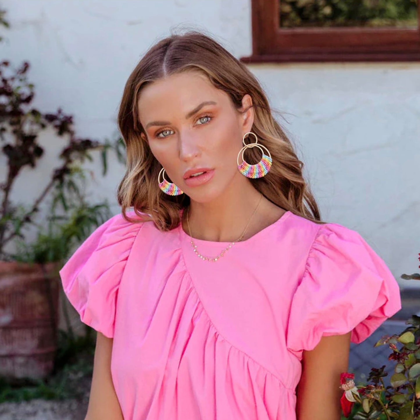 Raffia Hoop Earrings for Women Fun Boho Summer Beach Earrings Lightweight Handmade Straw Wicker Rattan Dangle Earrings Statement Geometric Round Drop Earrings