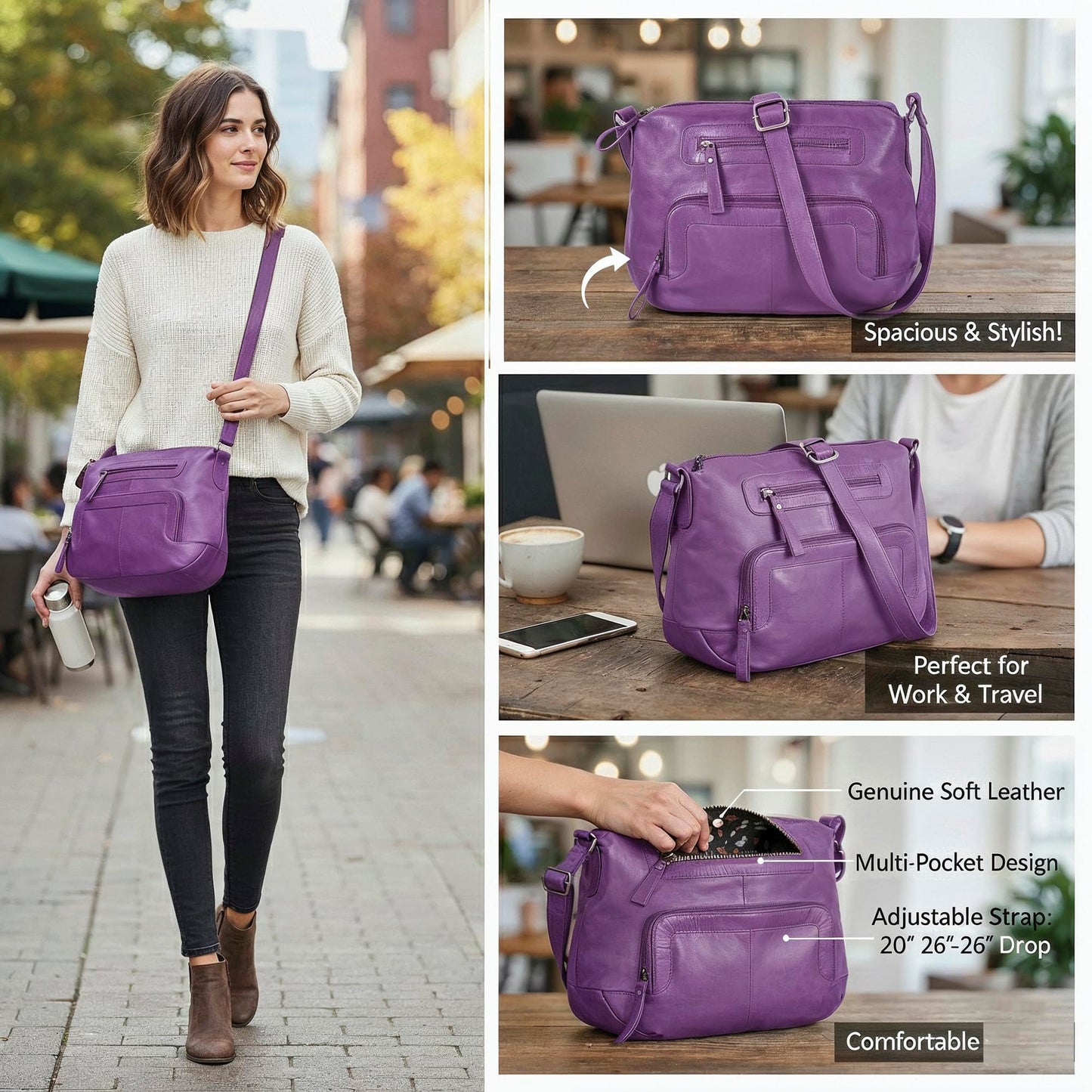 Oak Leathers Women's Crossbody Bag - Genuine Leather Crossover Shoulder Purse With Adjustable Sling Strap - Medium Size