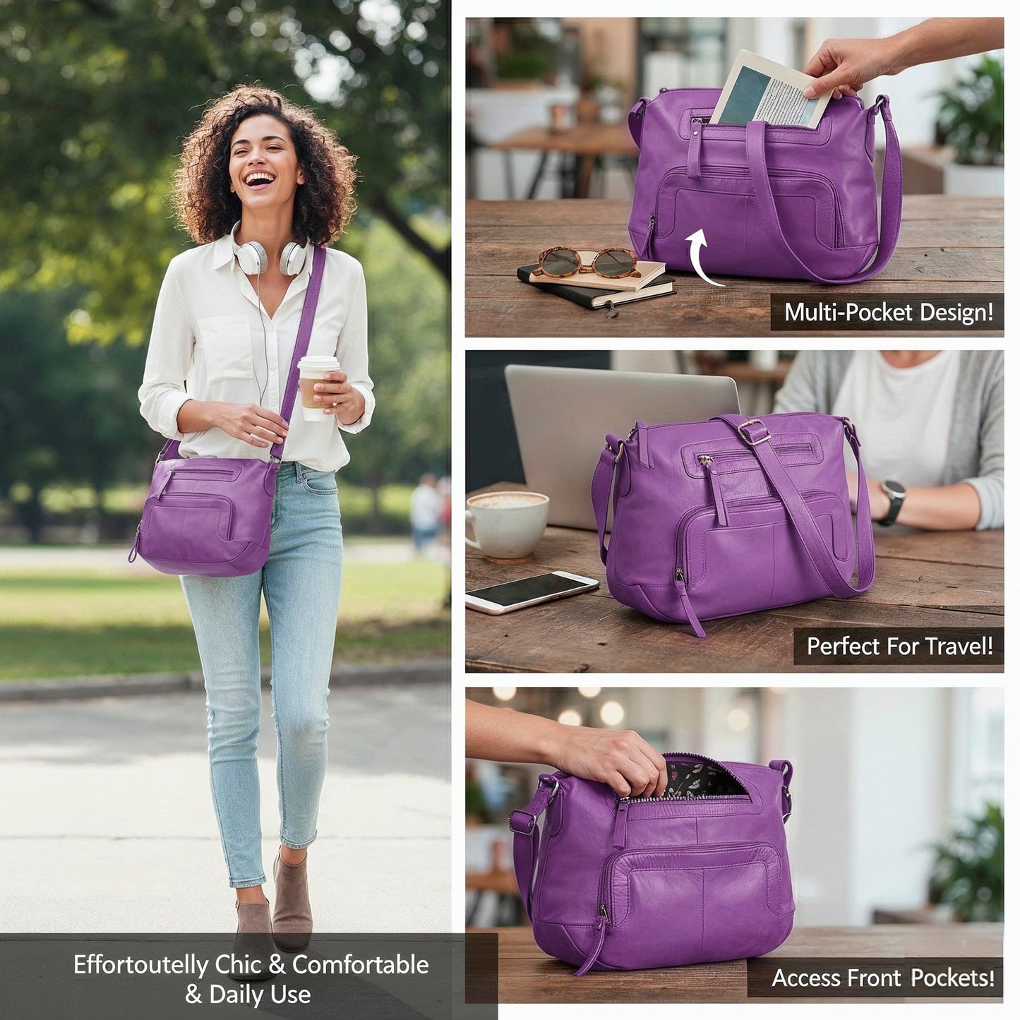 Oak Leathers Women's Crossbody Bag - Genuine Leather Crossover Shoulder Purse With Adjustable Sling Strap - Medium Size