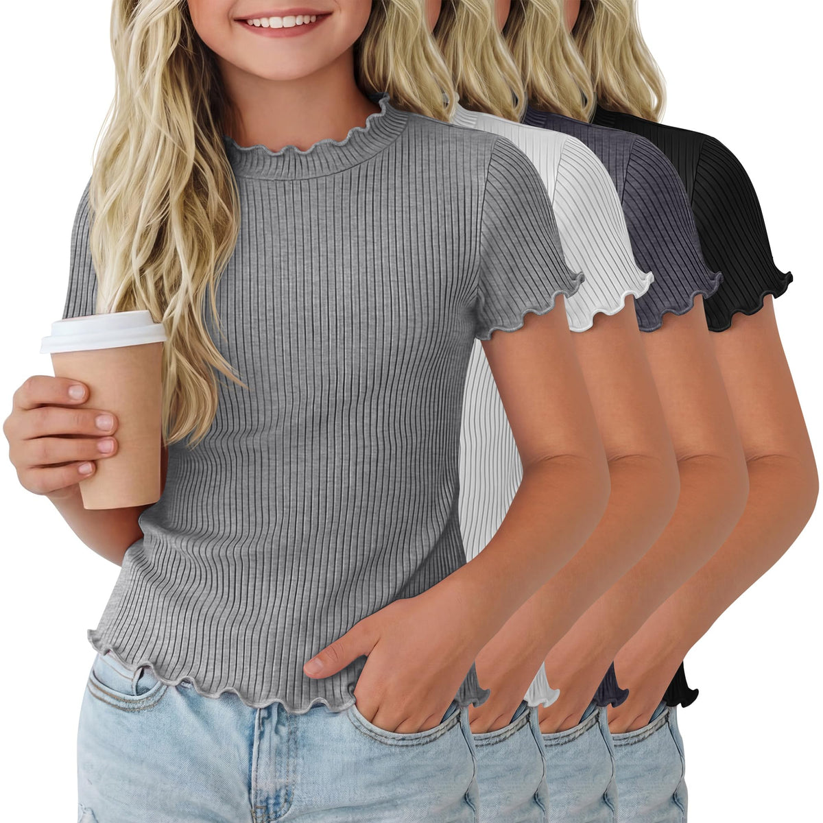 Mumucove 4 Pack Girls' Short Sleeve Shirts Ribbed Crew Neck Lettuce Trim Tops Cute Casual Basic T-Shirts 5-14Y(13-14 Years,Cream, Khaki, Brown, Black)