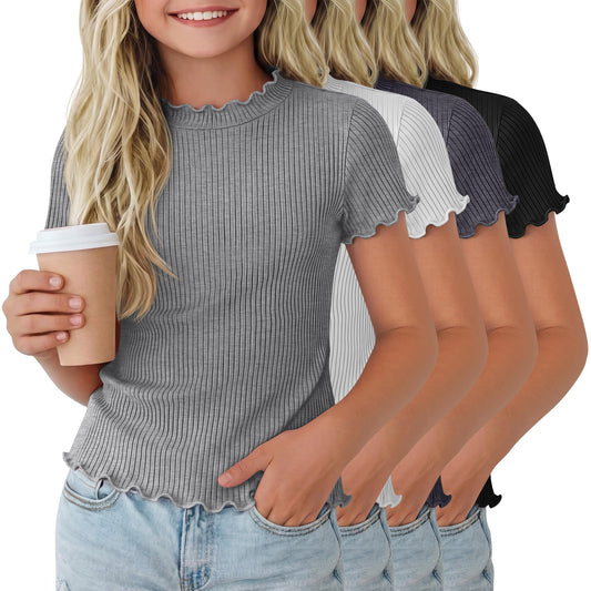 Mumucove 4 Pack Girls' Short Sleeve Shirts Ribbed Crew Neck Lettuce Trim Tops Cute Casual Basic T-Shirts 5-14Y(13-14 Years,Cream, Khaki, Brown, Black)
