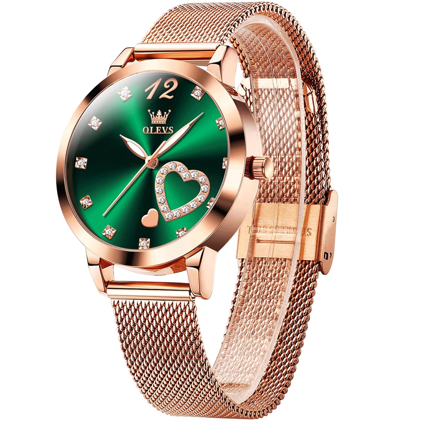 OLEVS Women's Small Wrist Rose Gold Tone Watch - Cute Diamond Heart Arabic Numerals Dial, Fashion Waterproof Mesh Bracelet Analog Dress for Ladies