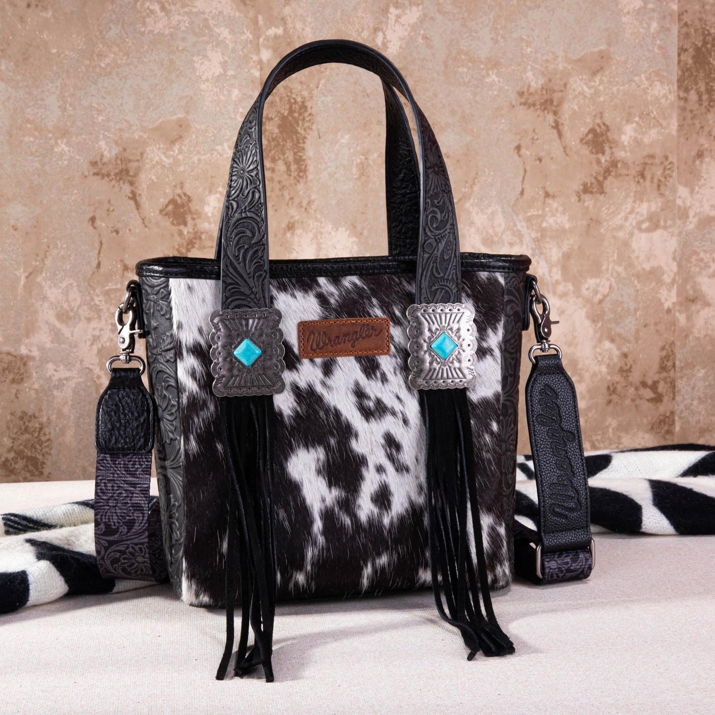 Montana West Wrangler Cowhide Tote Bag for Women Western Tooling Handbag Leather Fringing with Turquoise Stone Concho