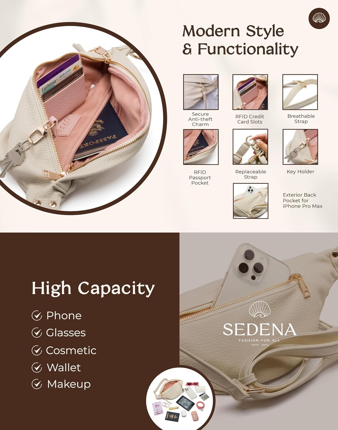 Anti Pickpocket Bag - Ivory RFID Crossbody Bag for Travel, Adjustable Strap Multiple Compartments Anti Theft Crossbody Bags for Women Travel Size Essentials Crossbody Bags for Women Large Size