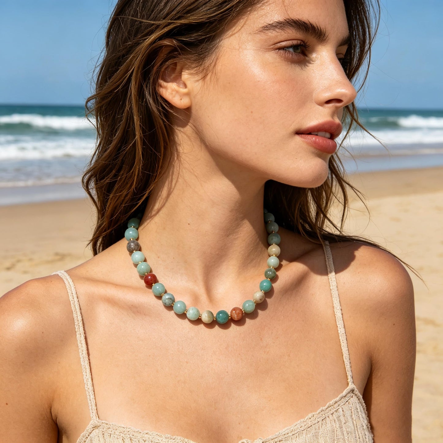 Colorful Beaded Necklace for Women Boho Statement Chunky Necklace Natural Stone Beads Gemstone Choker Necklaces Handmade Summer Beach Jewelry