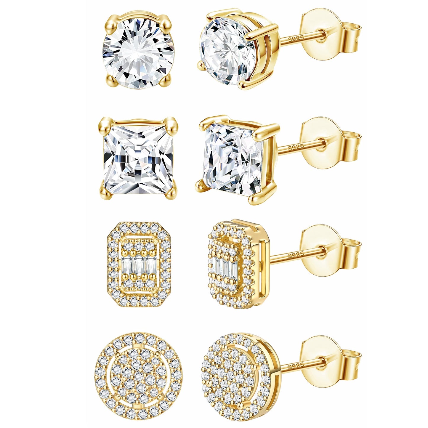ZELORES 4 Pairs Sterling Silver 5A CZ Stud Earrings for Women 14K Gold Plated Brilliant Celtic Heart Big Stud Earrings Set Cubic Zirconia Earrings Studs for Sensitive Ear
