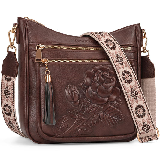Crossbody Bags for Women, Vegan Leather Crossbody Purse, Multiple Pocket Daily Travel Shoulder Bag with Boho Strap