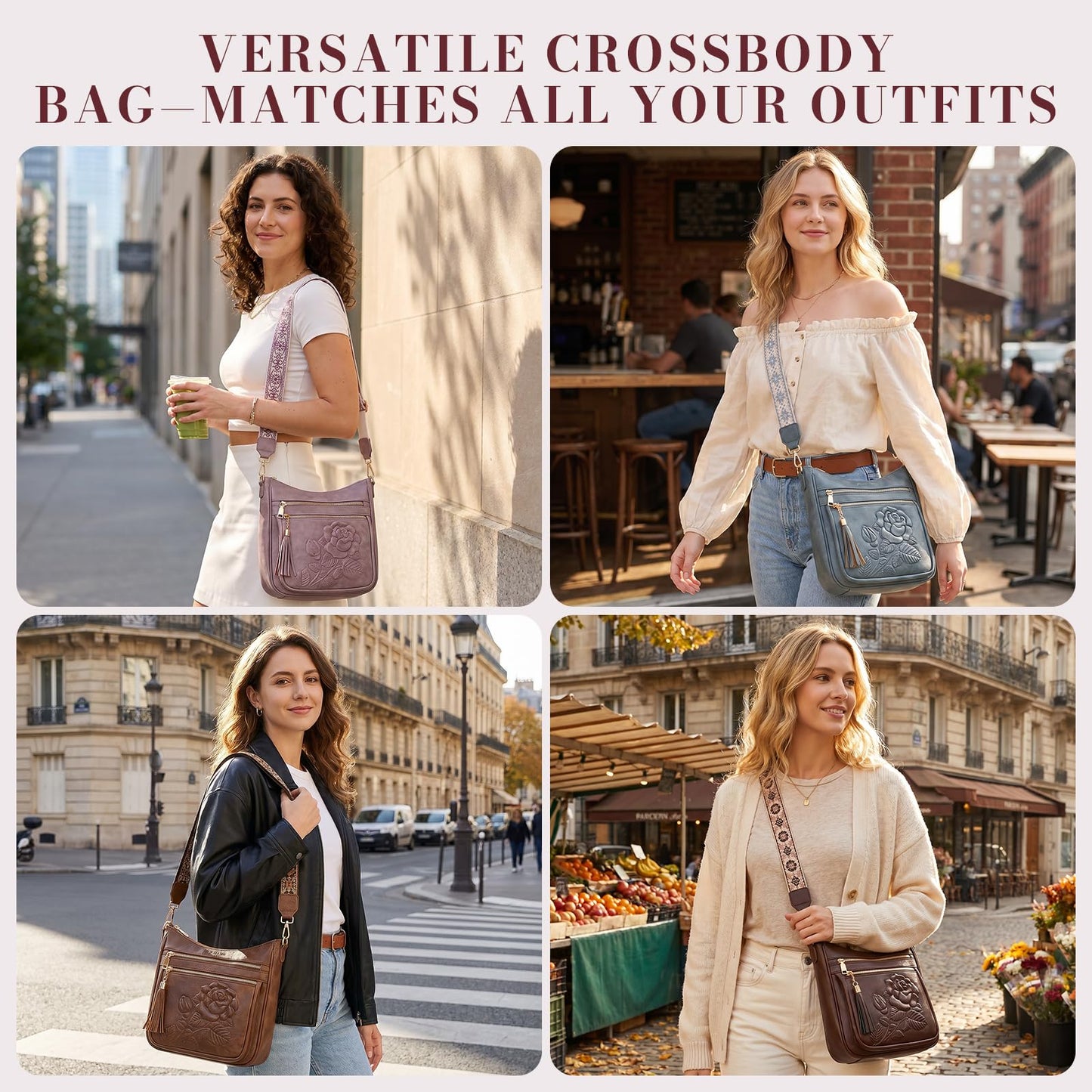Crossbody Bags for Women, Vegan Leather Crossbody Purse, Multiple Pocket Daily Travel Shoulder Bag with Boho Strap