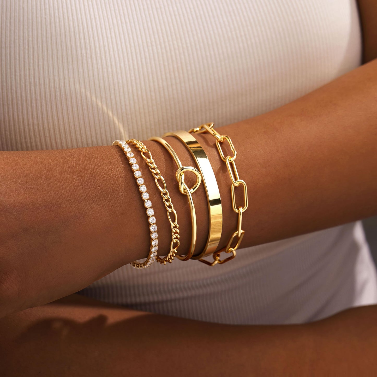 Jewelry Gold Bracelets Set for Women Non Tarnish, Waterproof 14K Gold Plated Sterling Silver Chunky Cuff Bracelet Stackable Gold Bangles Bracelet for Women Trendy Fashion Accessories Tie Knot Cuban Rope Paperclip Beaded Bracelet Stack