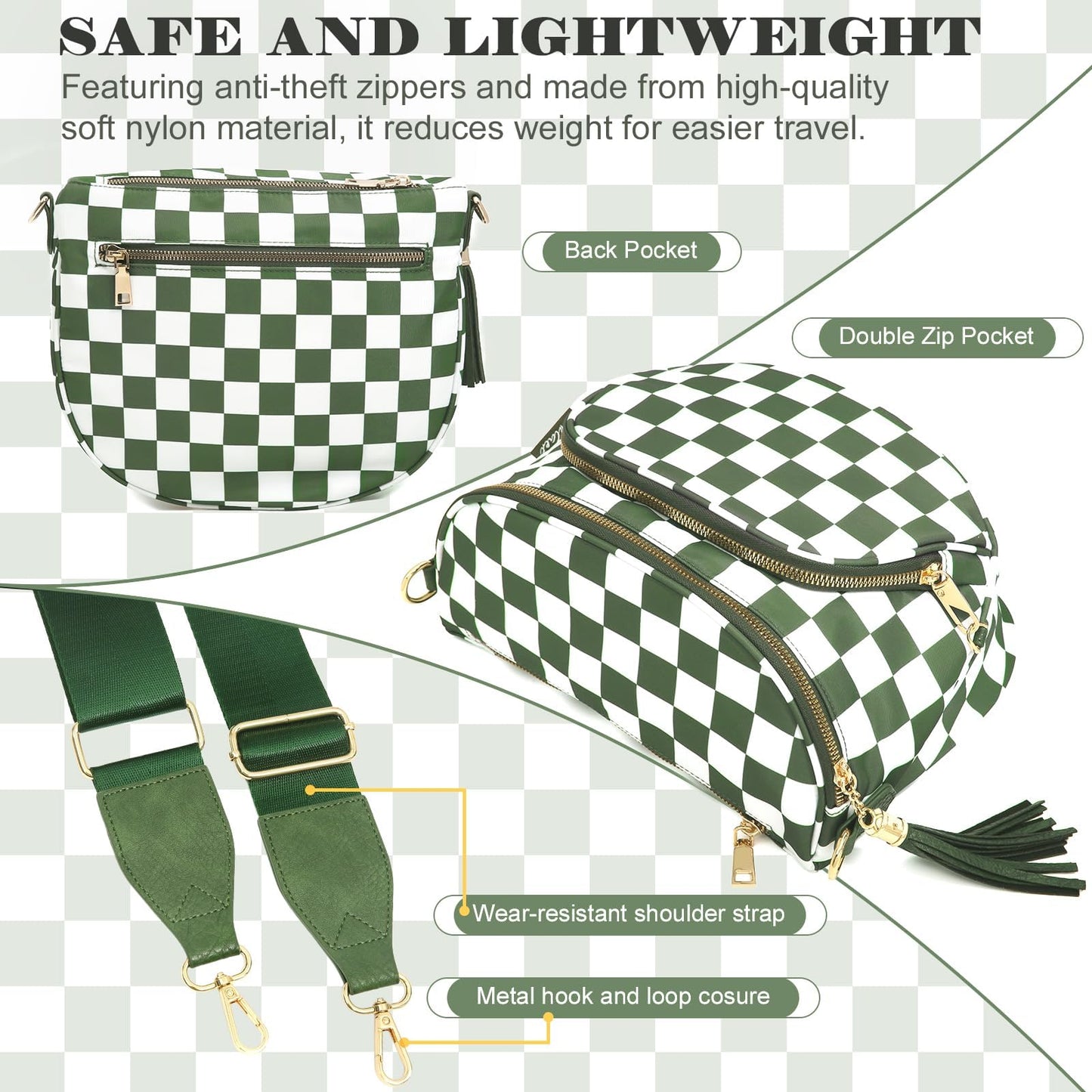 Checkered Crossbody Bag Anti Theft Spacious Bum Bags for Women Nylon Fanny Packs Lightweight Purse Wallet for Travel