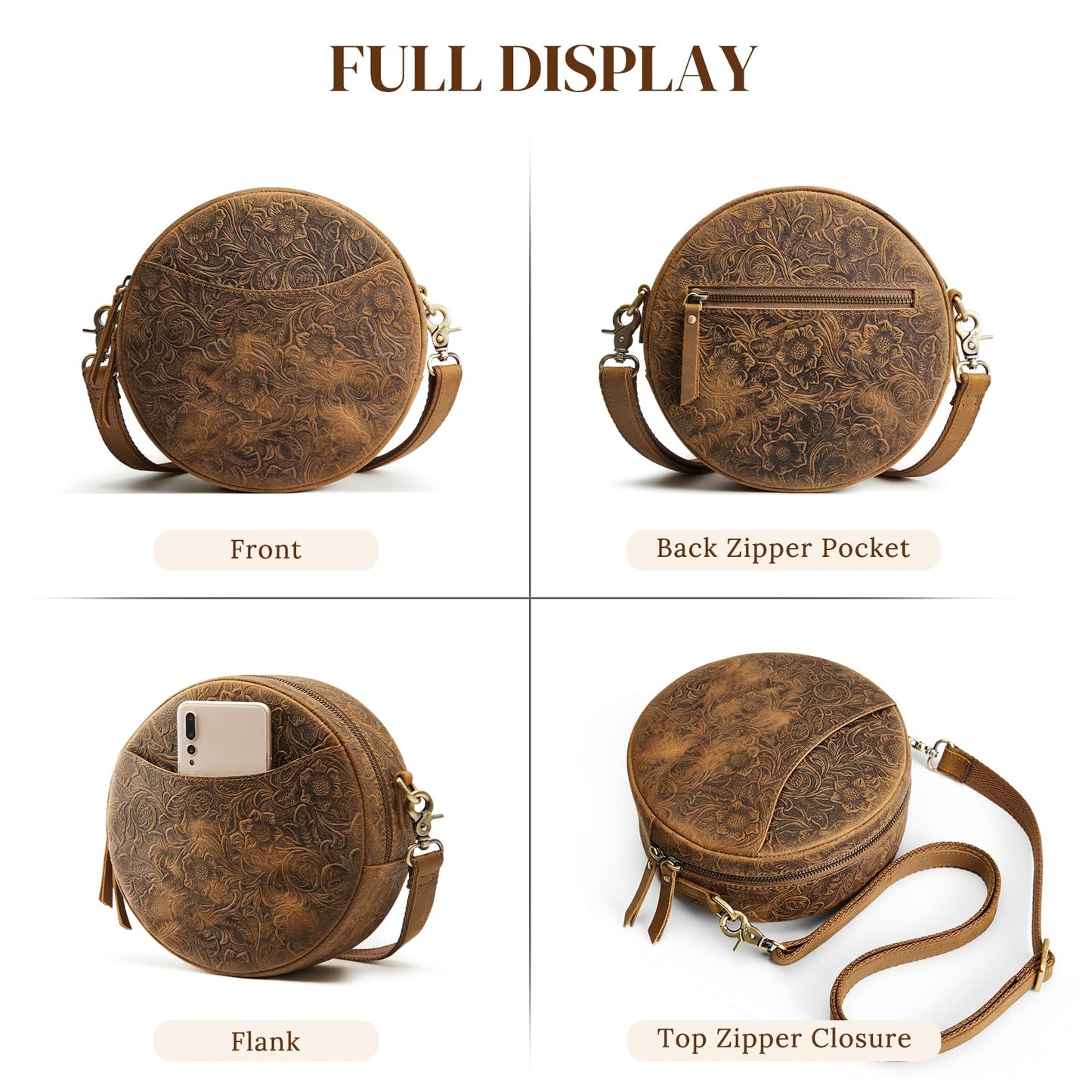 S-ZONE Leather Crossbody Bags for Women Circle Shoulder Round Purse Travel | Top Grain Leather, Keychain, Designer Handbag, Vintage, Multi Pockets, Detachable Strap, Eveyday Outing
