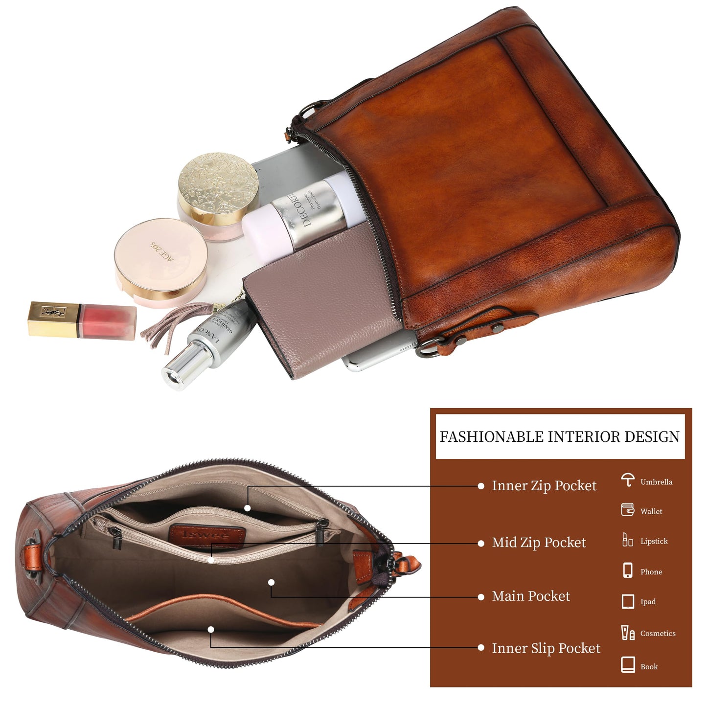 Iswee Leather Crossbody Bags for Women Shoulder Purse Medium Hobo Genuine Leather Satchel Purses and Handbags