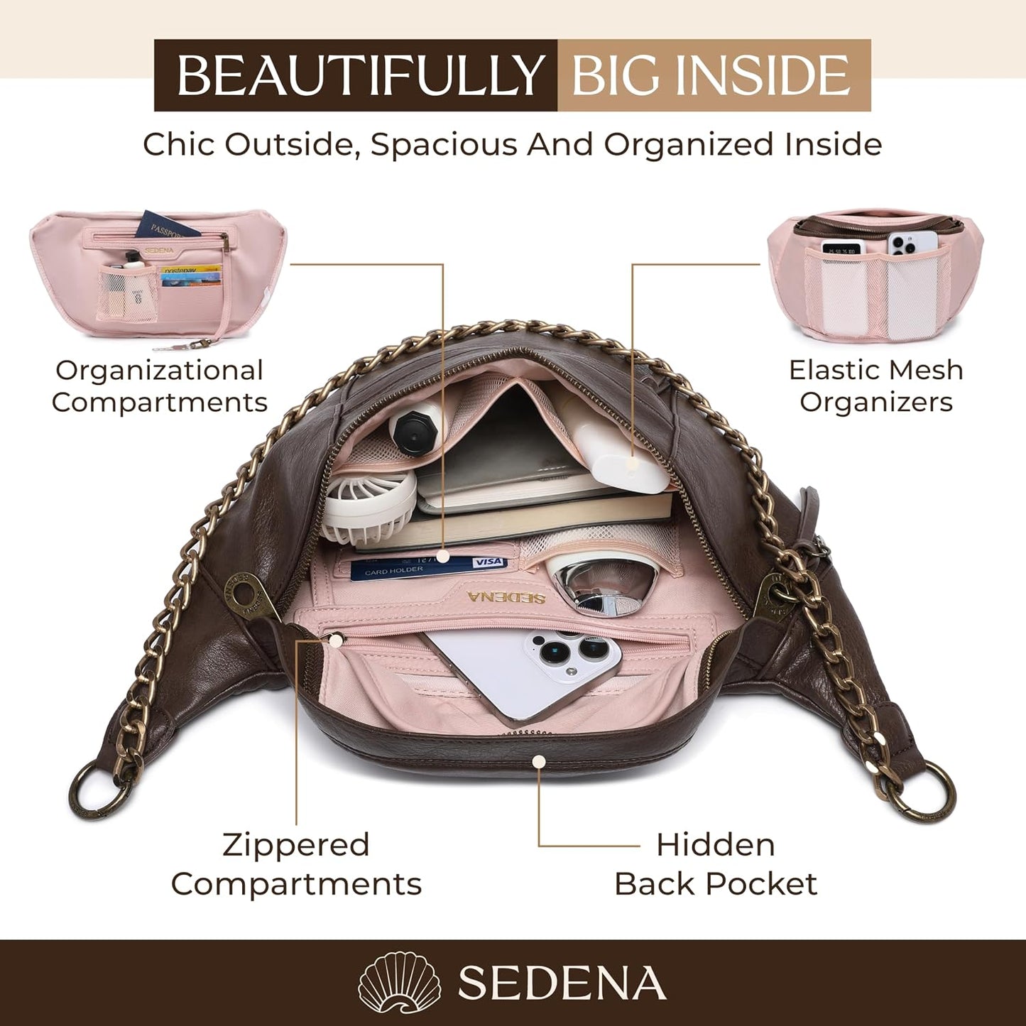 Anti Pickpocket Crossbody Bag – Large Vegan Dark Brown Leather Sling Bag with RFID & Glasses Pockets, Anti Theft Design, Multiple Compartments, Chain Detail Travel Crossbody Bag for Women