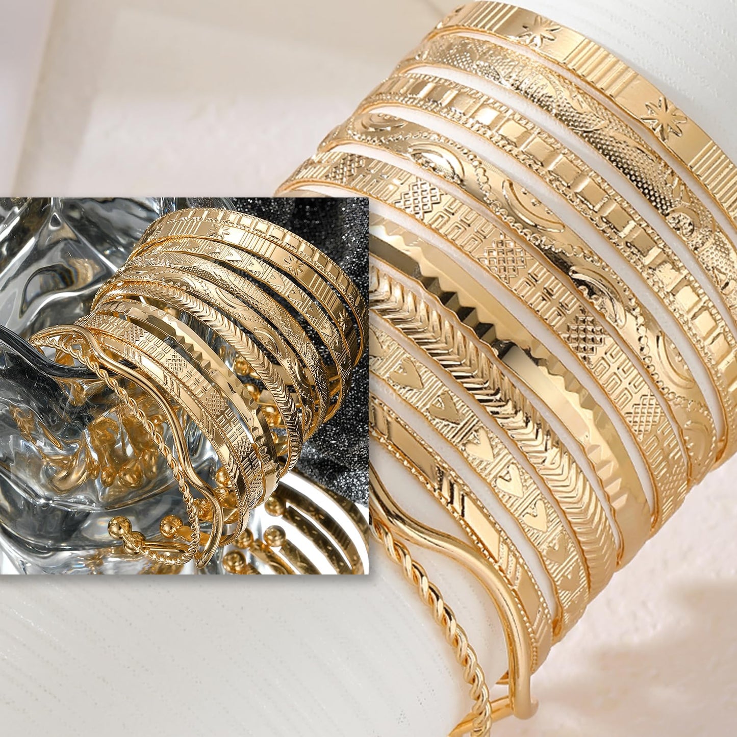 17IF Gold Bangle Bracelet For Women, 14k Multilayer Charm Textured Stackable Bracelets Boho Indian Chunky Cuff Fashion Jewelry Gift