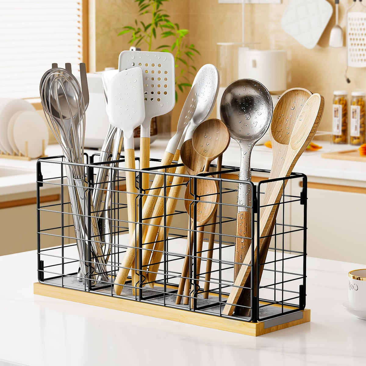 Metal Kitchen Utensil Holder with 4 Adjustable Compartments & Fast-Drying Base