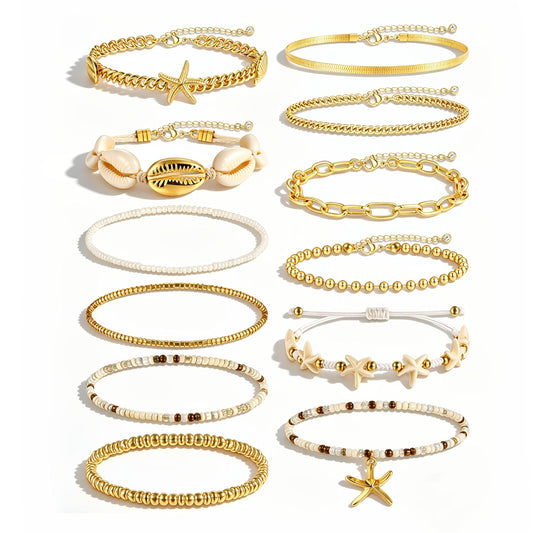 FAXHION Boho Gold Beaded Bracelets for Women, Starfish & Shell Pendant Bracelet Stack, Gold Bracelet Set Summer Beach Jewelry Gifts