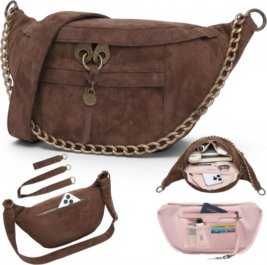 Anti Pickpocket Crossbody Large Vegan Dark Brown Suede Sling Bag RFID & Glasses Pockets, Adjustable Strap, Anti Theft Design, Multiple Compartments, Chain Detail Travel Crossbody Bag for Women
