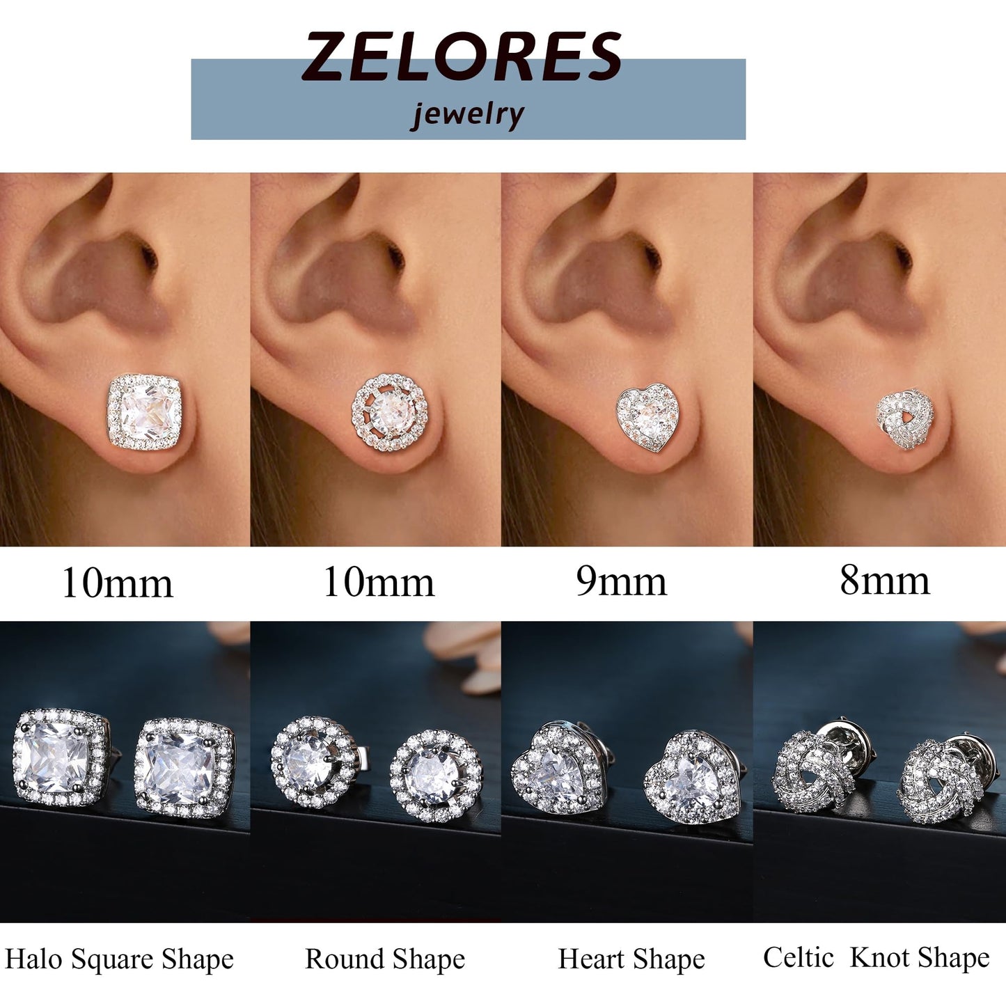 ZELORES 4 Pairs Sterling Silver 5A CZ Stud Earrings for Women 14K Gold Plated Brilliant Celtic Heart Big Stud Earrings Set Cubic Zirconia Earrings Studs for Sensitive Ear