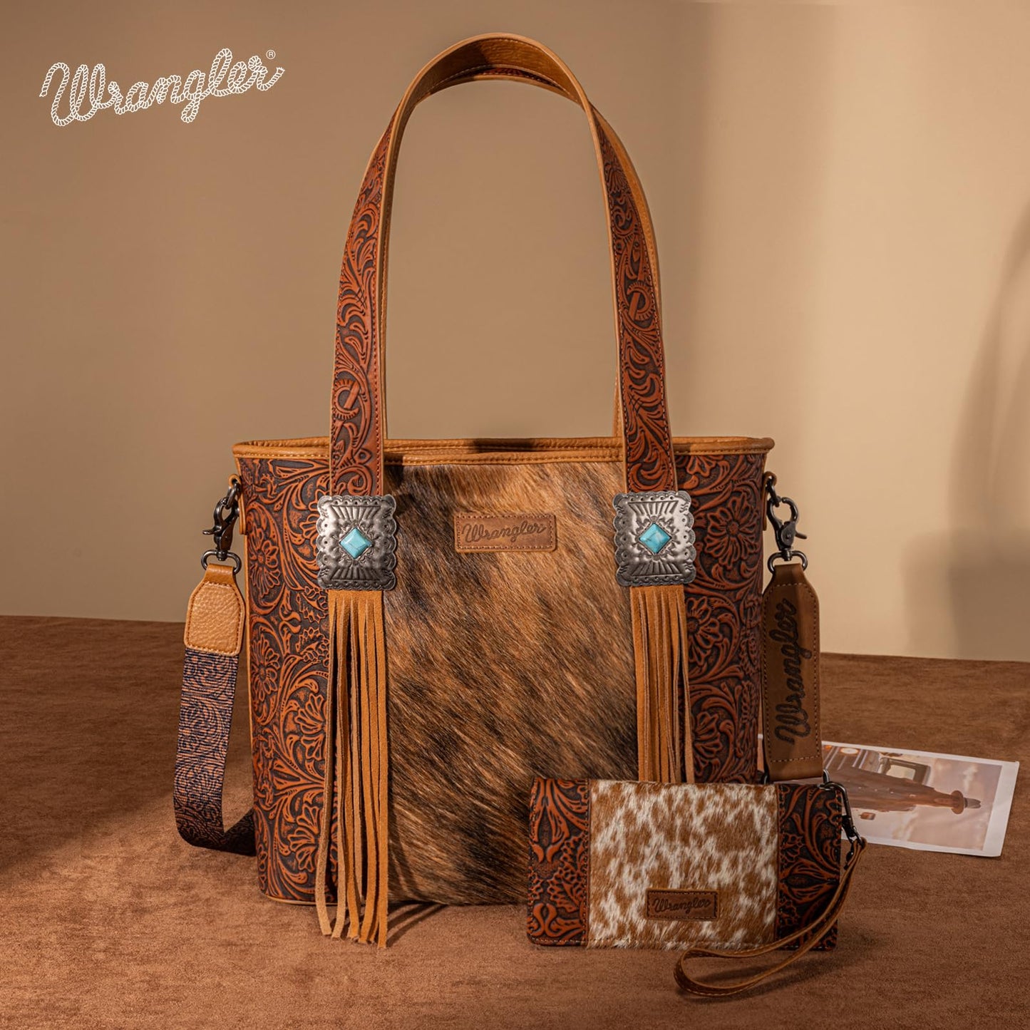 Montana West Wrangler Cowhide Tote Bag for Women Western Tooling Handbag Leather Fringing with Turquoise Stone Concho