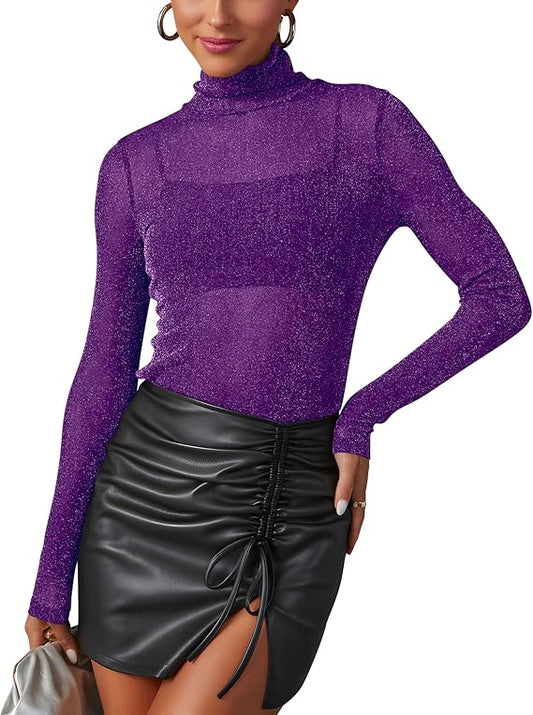 AISEW Womens Mesh Sheer Long Sleeve Glitter Tops Sexy See Through Sparkly Shirts Turtleneck Layering Top Shirt (Purple, L)  (Clearance)