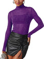 AISEW Womens Mesh Sheer Long Sleeve Glitter Tops Sexy See Through Sparkly Shirts Turtleneck Layering Top Shirt (Purple, L)  (Clearance)