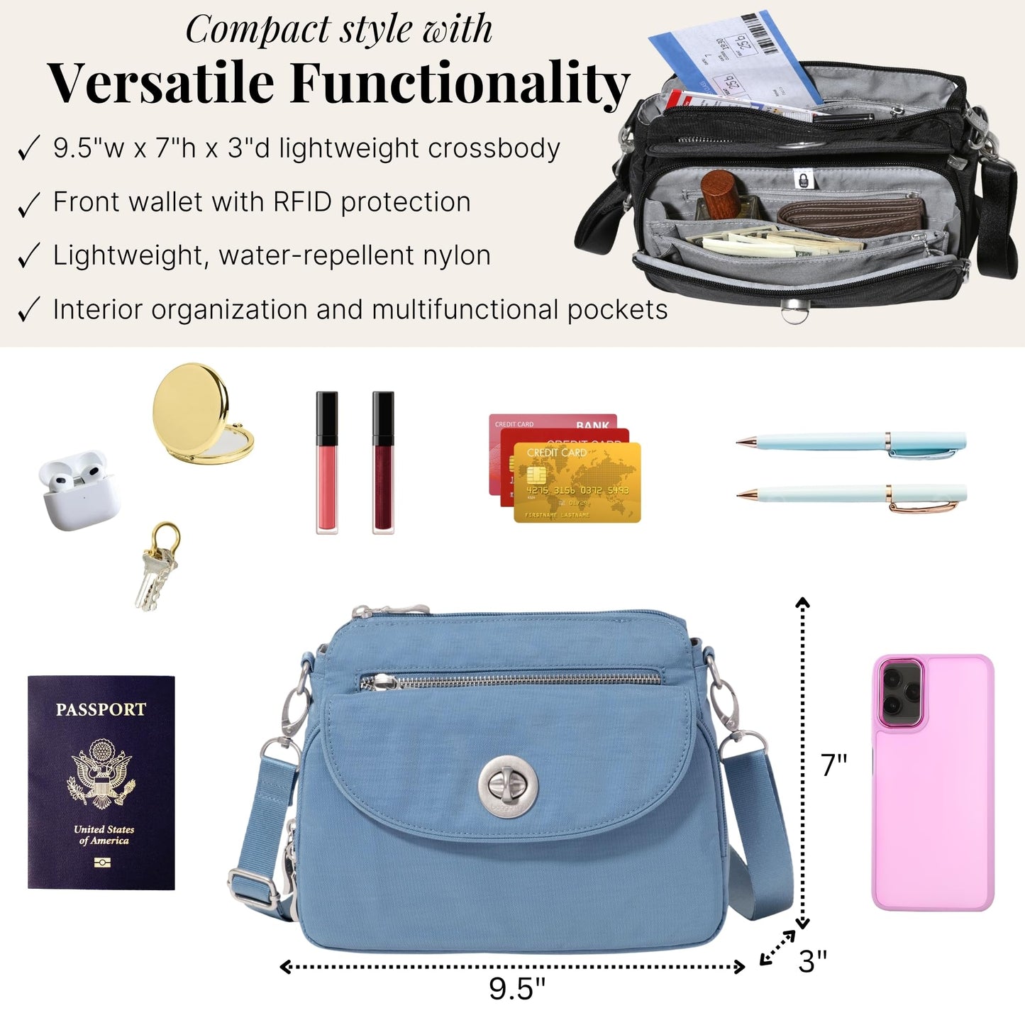 Baggallini Calais Crossbody Bags for Women 10x7 Lightweight Water-Resistant Travel Purse, RFID & Interior Organization
