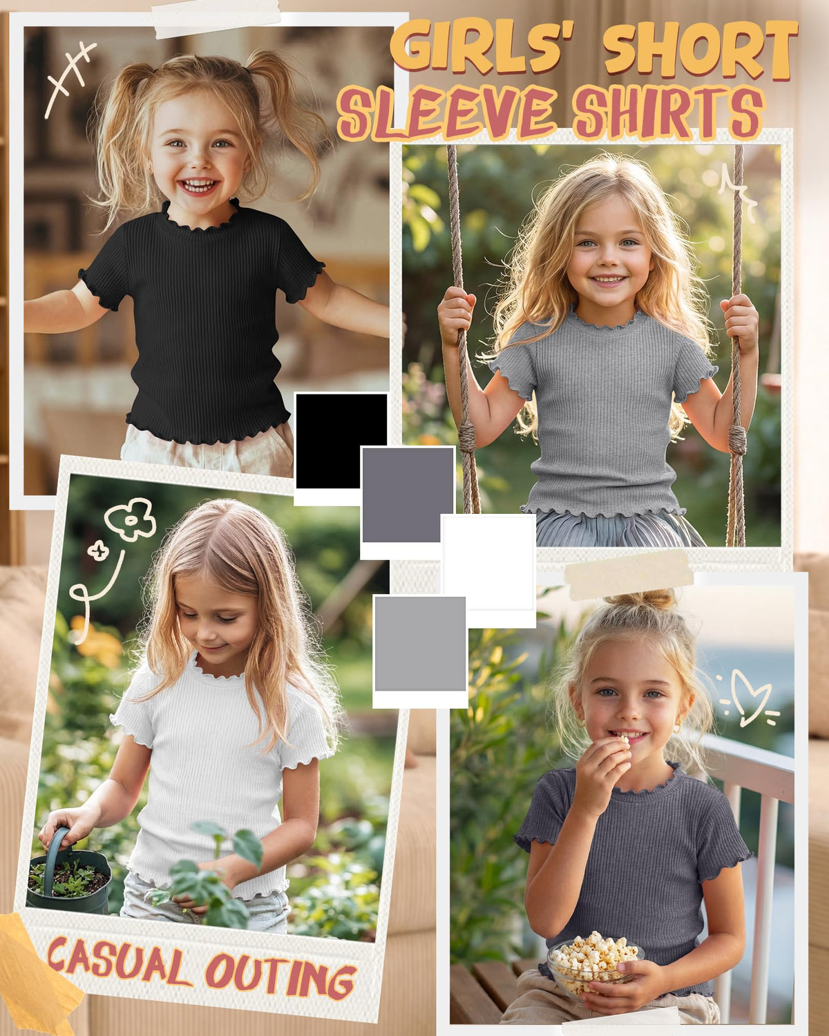 Mumucove 4 Pack Girls' Short Sleeve Shirts Ribbed Crew Neck Lettuce Trim Tops Cute Casual Basic T-Shirts 5-14Y(13-14 Years,Cream, Khaki, Brown, Black)