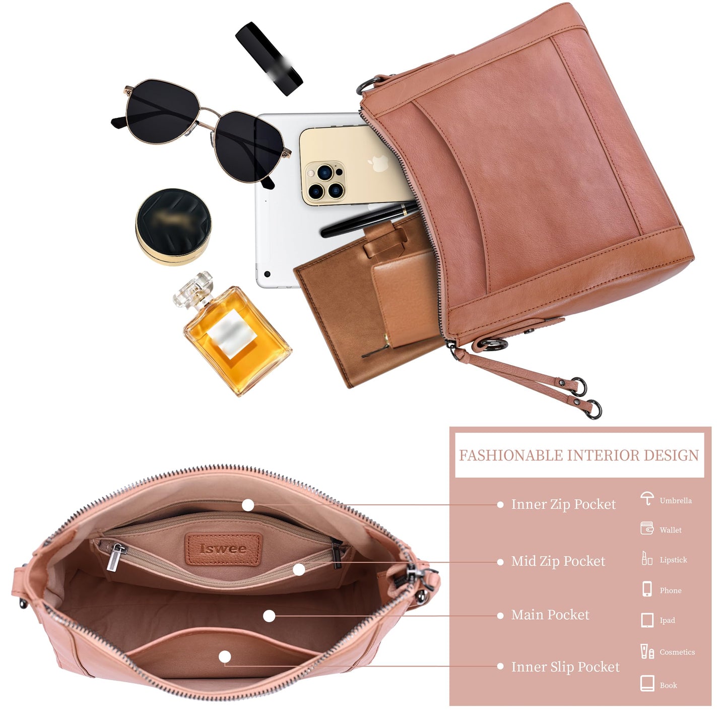 Iswee Leather Crossbody Bags for Women Shoulder Purse Medium Hobo Genuine Leather Satchel Purses and Handbags